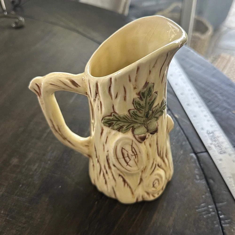 Vintage Ceramic Tree Trunk Pitcher Woodland Mushroom Oak Leaf Acorn Faux Bois‎